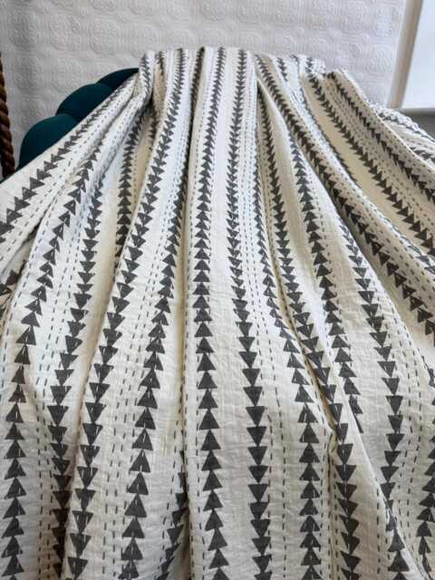 Kantha Stitch Pure Cotton Reversible Bed/Sofa Throw King Size - Handmade Handprinted Floral Dohar Grey Arrow - image 1
