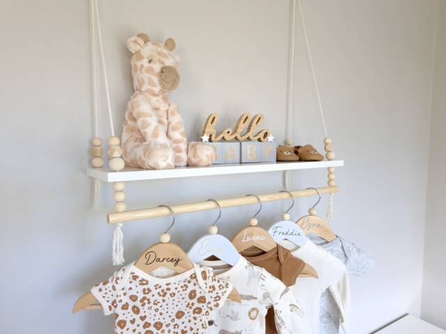 Nursery Shelves With Clothes Rail, Shelf White Shelf, Rope Swing Shelves, Hanging Baby Gift, Decor - image 1