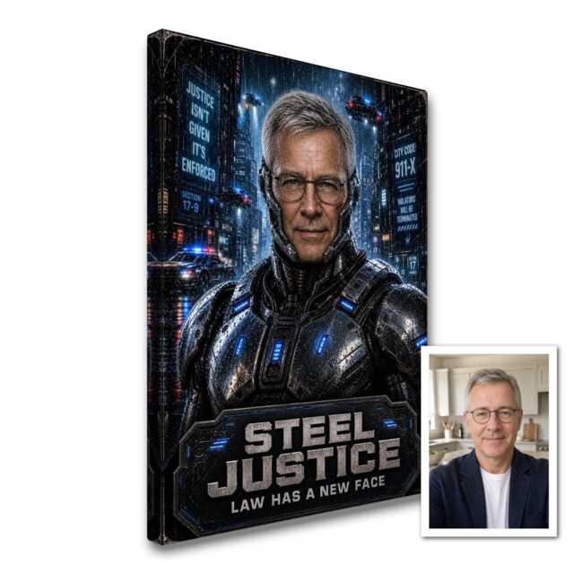 Personalised Chrome Future Law Enforcer Canvas From Photo, Custom Text Sci Fi Action Wall Art Gift For Film Fans, Room Decor UK - image 1