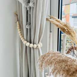 Beaded Curtain Tie Back - Wooden Beads Drapery Holdback Boho Minimalist Home D??cor Rustic Window Treatment Farmhouse Style - thumbnail 2
