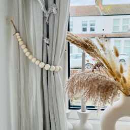 Beaded Curtain Tie Back - Wooden Beads Drapery Holdback Boho Minimalist Home D??cor Rustic Window Treatment Farmhouse Style - thumbnail 3