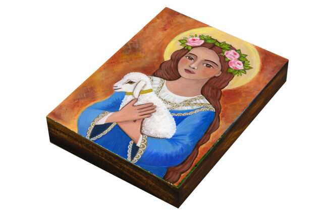 Saint Agnes Of Rome With Lamb Icon, Wood Block, The Martyr, Patron Catholic Print Religious Art, Gift Confirmation - image 1