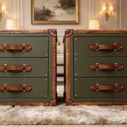 Handmade Leather Trunk - Olive Green Drawer Nightstands Modern Design Pair Custom Made - thumbnail 2