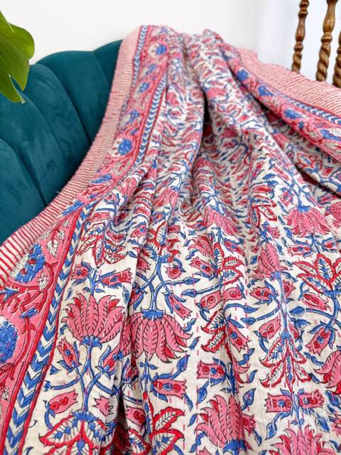 Kantha Stitch Pure Cotton Reversible Bed/Sofa Throw King Size - Handmade Handprint Floral Dohar White Pink Blue Lotus Garden Bloom Stripe - image 1