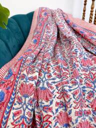 Kantha Stitch Pure Cotton Reversible Bed/Sofa Throw King Size - Handmade Handprint Floral Dohar White Pink Blue Lotus Garden Bloom Stripe - thumbnail 1
