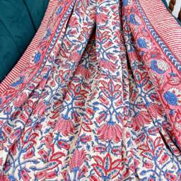 Kantha Stitch Pure Cotton Reversible Bed/Sofa Throw King Size - Handmade Handprint Floral Dohar White Pink Blue Lotus Garden Bloom Stripe - thumbnail 4