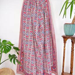 Kantha Stitch Pure Cotton Reversible Bed/Sofa Throw King Size - Handmade Handprint Floral Dohar White Pink Blue Lotus Garden Bloom Stripe - thumbnail 3