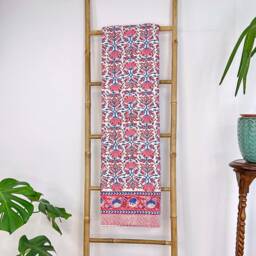 Kantha Stitch Pure Cotton Reversible Bed/Sofa Throw King Size - Handmade Handprint Floral Dohar White Pink Blue Lotus Garden Bloom Stripe - thumbnail 2