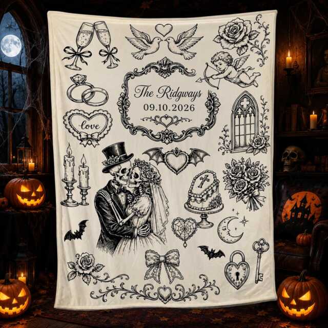 Custom Gothic Wedding Fleece Blanket With Skeleton Couple Line Art & Names - image 1