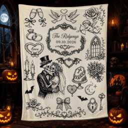 Custom Gothic Wedding Fleece Blanket With Skeleton Couple Line Art & Names - thumbnail 1