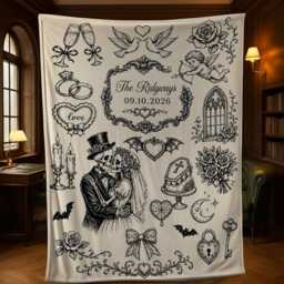 Custom Gothic Wedding Fleece Blanket With Skeleton Couple Line Art & Names - thumbnail 2