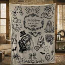 Custom Gothic Wedding Fleece Blanket With Skeleton Couple Line Art & Names - thumbnail 3