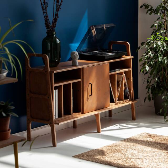 Record Player Stand 143 cm With Two Vinyl Bays & Cabinet, Mid Century Credenza, Lp Storage Console, Handmade Wood Furniture - image 1