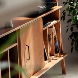 Record Player Stand 143 cm With Two Vinyl Bays & Cabinet, Mid Century Credenza, Lp Storage Console, Handmade Wood Furniture - thumbnail 2