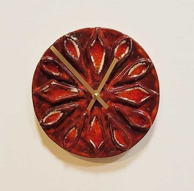 Unusual Hand Made Circular Round Red Glazed Wall Clock With Inlaid Glass 20 cm Diameter - image 1