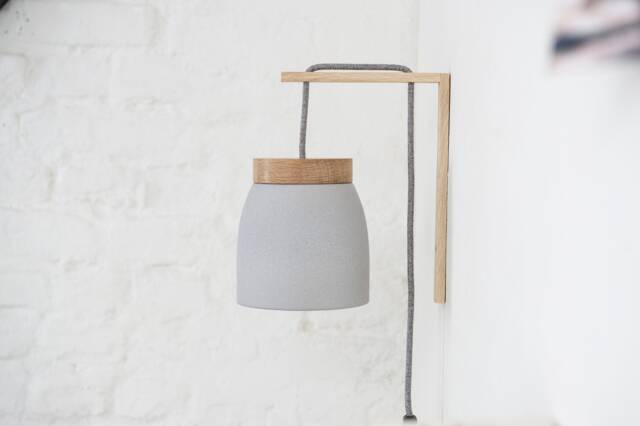 No. 11 L - Ceramic Wall Lamp Grey Height Adjustable Textile Cable Oak Wood E27 Bedside Table Frida - image 1