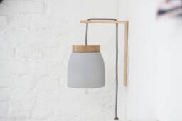 No. 11 L - Ceramic Wall Lamp Grey Height Adjustable Textile Cable Oak Wood E27 Bedside Table Frida