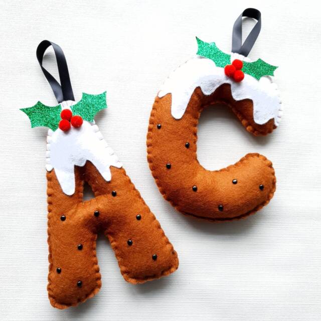 Personalised Christmas Pudding Hanging Letter. 18cm Felt Initial. Tree Decoration. Childrens Bedroom Decor Stocking Filler - image 1