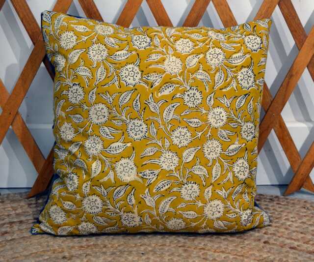 40x40cm Cushion - Handmade in France Blockprint Floral Cotton & Velvet - image 1