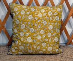 40x40cm Cushion - Handmade in France Blockprint Floral Cotton & Velvet - thumbnail 1