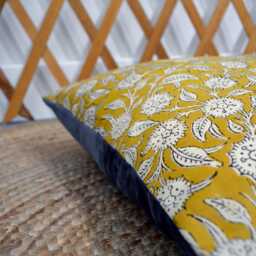 40x40cm Cushion - Handmade in France Blockprint Floral Cotton & Velvet - thumbnail 3