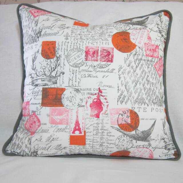 Paris Scene Pillow - Eiffel Towel Pillow Cover - French Postal Print - Pink Orange Gray/Black - image 1