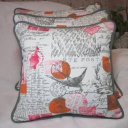 Paris Scene Pillow - Eiffel Towel Pillow Cover - French Postal Print - Pink Orange Gray/Black - thumbnail 3