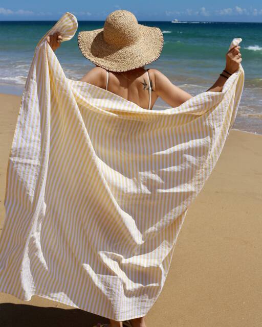 Yellow Striped Linen Beach Towel - Bath Sheet Quick Dry Cotton Blend Lightweight Summer Body Oversized Spa Blanket - image 1