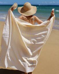 Yellow Striped Linen Beach Towel - Bath Sheet Quick Dry Cotton Blend Lightweight Summer Body Oversized Spa Blanket - thumbnail 1