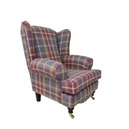 Queen Anne Wingback Chair Amethyst Tartan, Brass Castor Legs