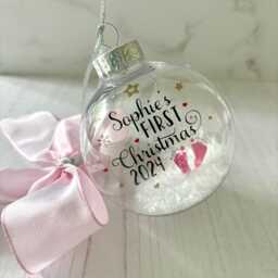 Personalised Baby Girl's First Christmas Bauble 2025, Pink 1st Xmas Ornament, Custom Keepsake - thumbnail 1
