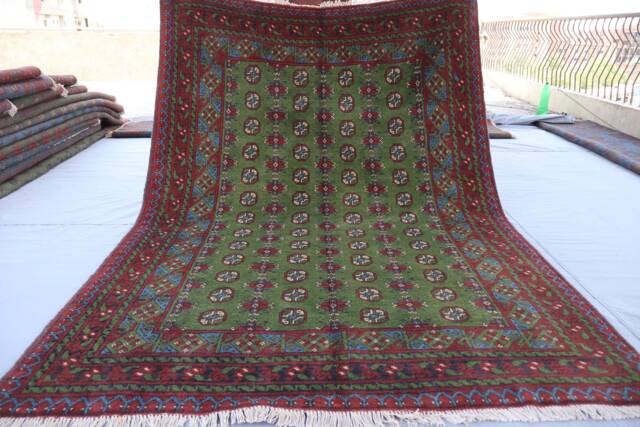 Green Bukhara Rug 5'4x8'2 Ft Afghan Veg Dyes Hand Knotted Wool Oriental Rug, Turkmen Tribal Area Home Decor, Bedroom Office Carpet - image 1
