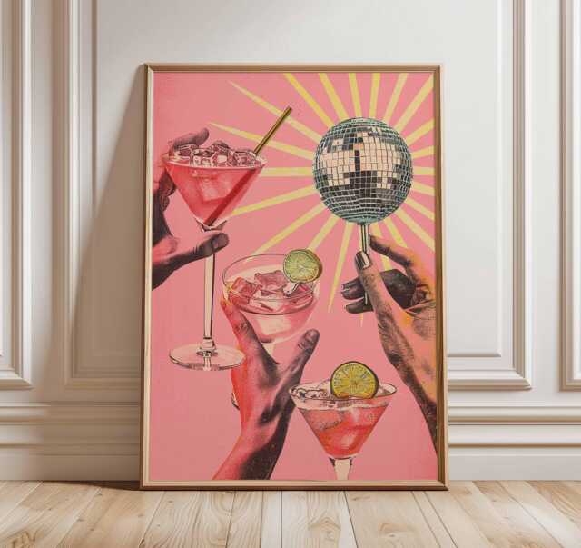 Cocktail Poster, Retro Disco Wall Art Print, Pink Party Drink Artwork With Martini Glasses & Mirror Ball, Fun Bar Kitchen Decor - image 1