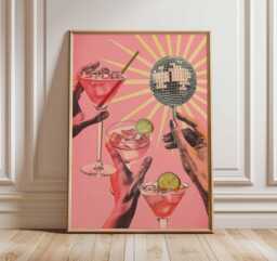Cocktail Poster, Retro Disco Wall Art Print, Pink Party Drink Artwork With Martini Glasses & Mirror Ball, Fun Bar Kitchen Decor