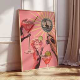 Cocktail Poster, Retro Disco Wall Art Print, Pink Party Drink Artwork With Martini Glasses & Mirror Ball, Fun Bar Kitchen Decor - thumbnail 4