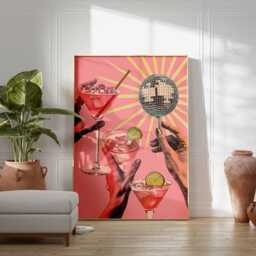 Cocktail Poster, Retro Disco Wall Art Print, Pink Party Drink Artwork With Martini Glasses & Mirror Ball, Fun Bar Kitchen Decor - thumbnail 3