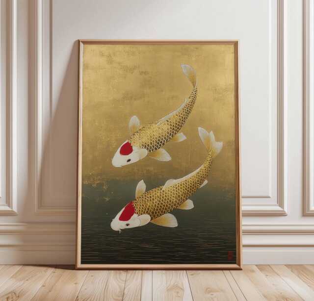 Japanese Koi Fish Print, Gold Wall Art, Zen Poster, Traditional Lucky Decor, Minimalist Print - image 1