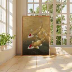 Japanese Koi Fish Print, Gold Wall Art, Zen Poster, Traditional Lucky Decor, Minimalist Print - thumbnail 3