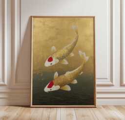 Japanese Koi Fish Print, Gold Wall Art, Zen Poster, Traditional Lucky Decor, Minimalist Print - thumbnail 1