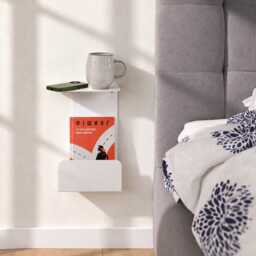 White Floating Nightstand, Modern Metal Bedside Shelf, Wall Mounted Side Table For Bedroom - thumbnail 4