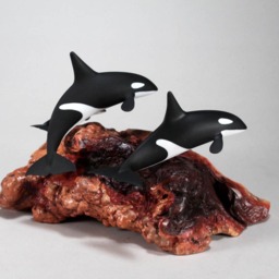 Orca Pod By John Perry 2 Adults & Calves 9In Long Sculpture On Burlwood Base - thumbnail 4