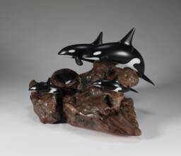 Orca Pod By John Perry 2 Adults & Calves 9In Long Sculpture On Burlwood Base - thumbnail 1
