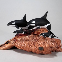 Orca Pod By John Perry 2 Adults & Calves 9In Long Sculpture On Burlwood Base - thumbnail 2