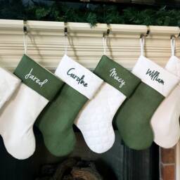 Christmas Stocking. Personalized Hunter Forest Green Burlap Stocking White Quilted Cotton Stockings - thumbnail 1