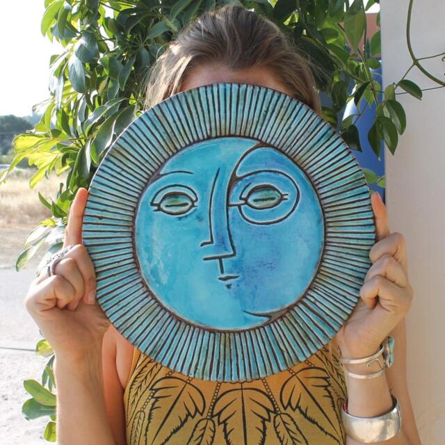 Handmade Ceramic Sun & Moon Wall Art Turquoise/Blue/Green Home Decor - 30cm - image 1