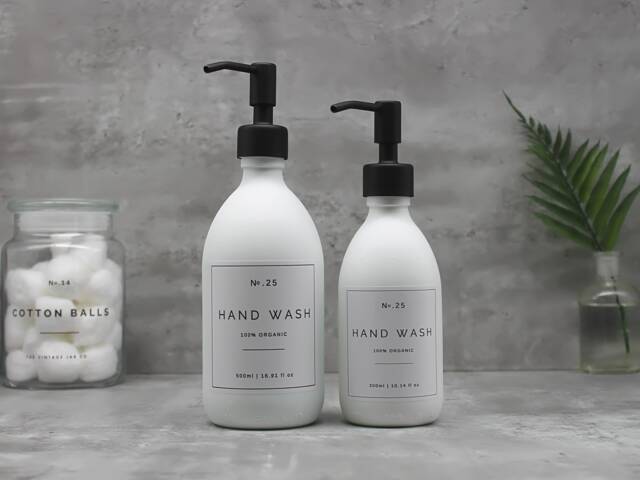 Matte White Glass Soap Dispenser Bottle Black Metal Pump, Refillable - image 1