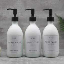 Matte White Glass Soap Dispenser Bottle Black Metal Pump, Refillable - thumbnail 2