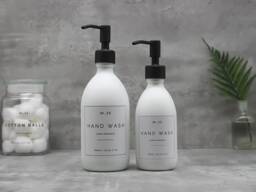 Matte White Glass Soap Dispenser Bottle Black Metal Pump, Refillable - thumbnail 1