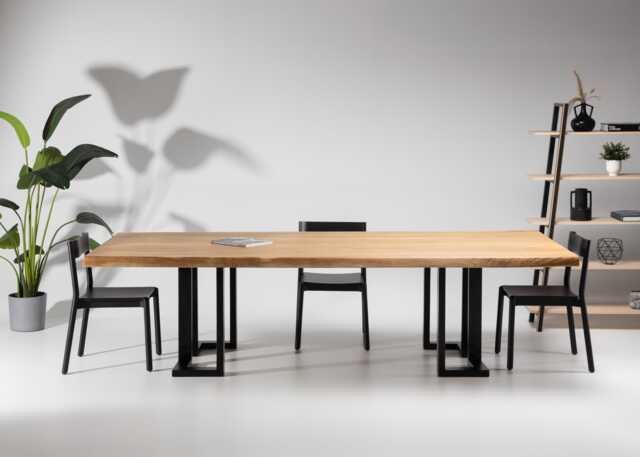 "Dining Table, Solid Oak Wood, Black Steel Base - ""Laguna" - image 1