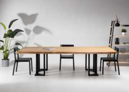 "Dining Table, Solid Oak Wood, Black Steel Base - ""Laguna"